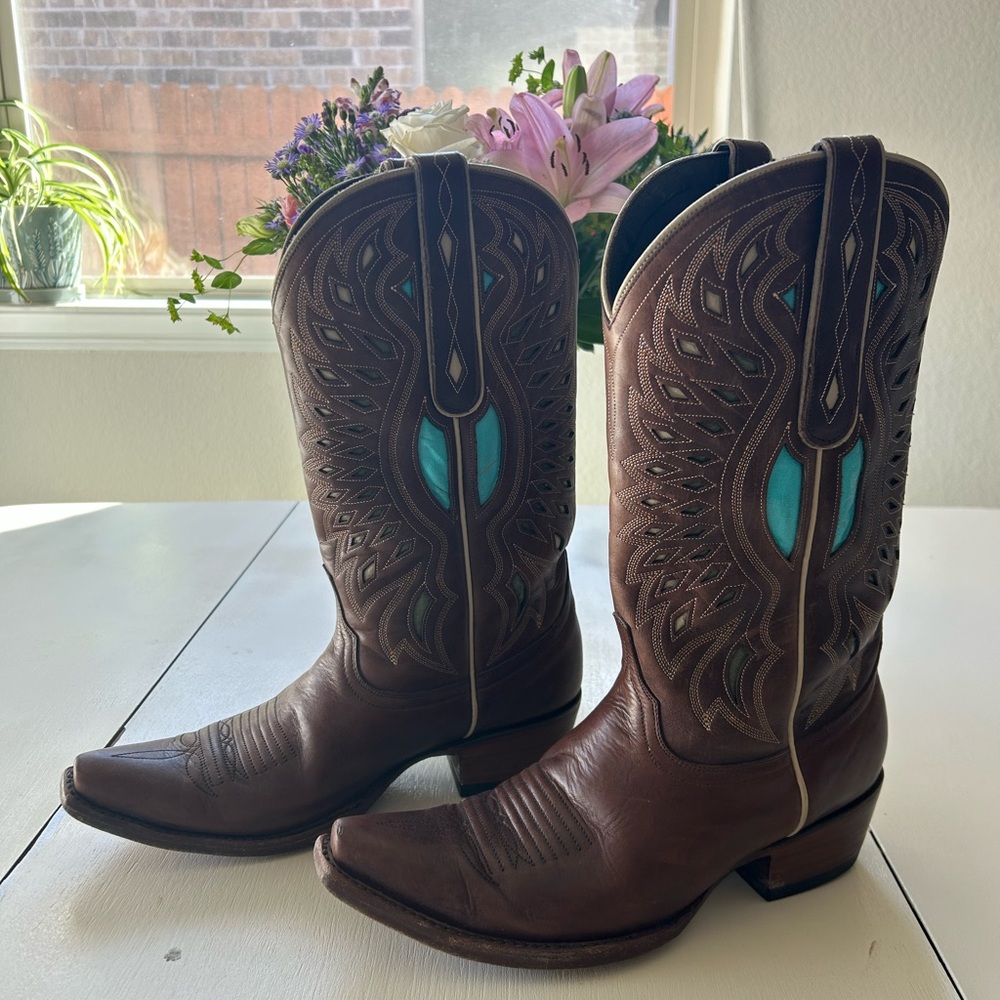 Brown and Turquoise Heeled Boots